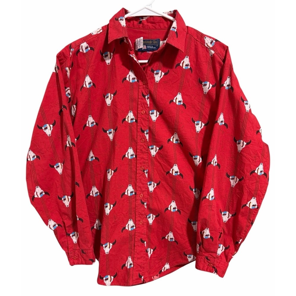 VTG Panhandle Slim Long Sleeve Western Shirt Red Cow Skull Men's Size Large